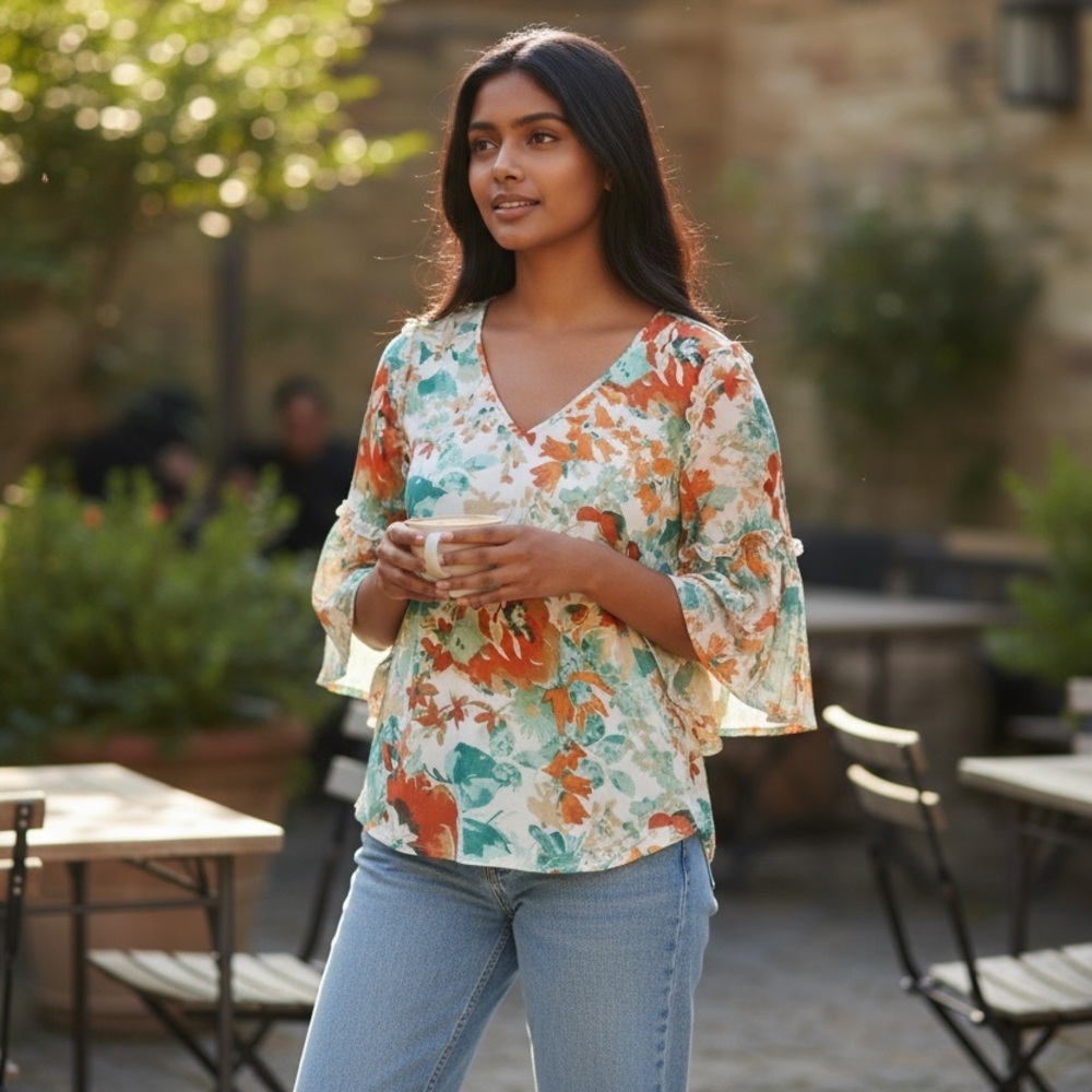 Cato‎ Vibrant Floral V-Neck Blouse - Orange and Green